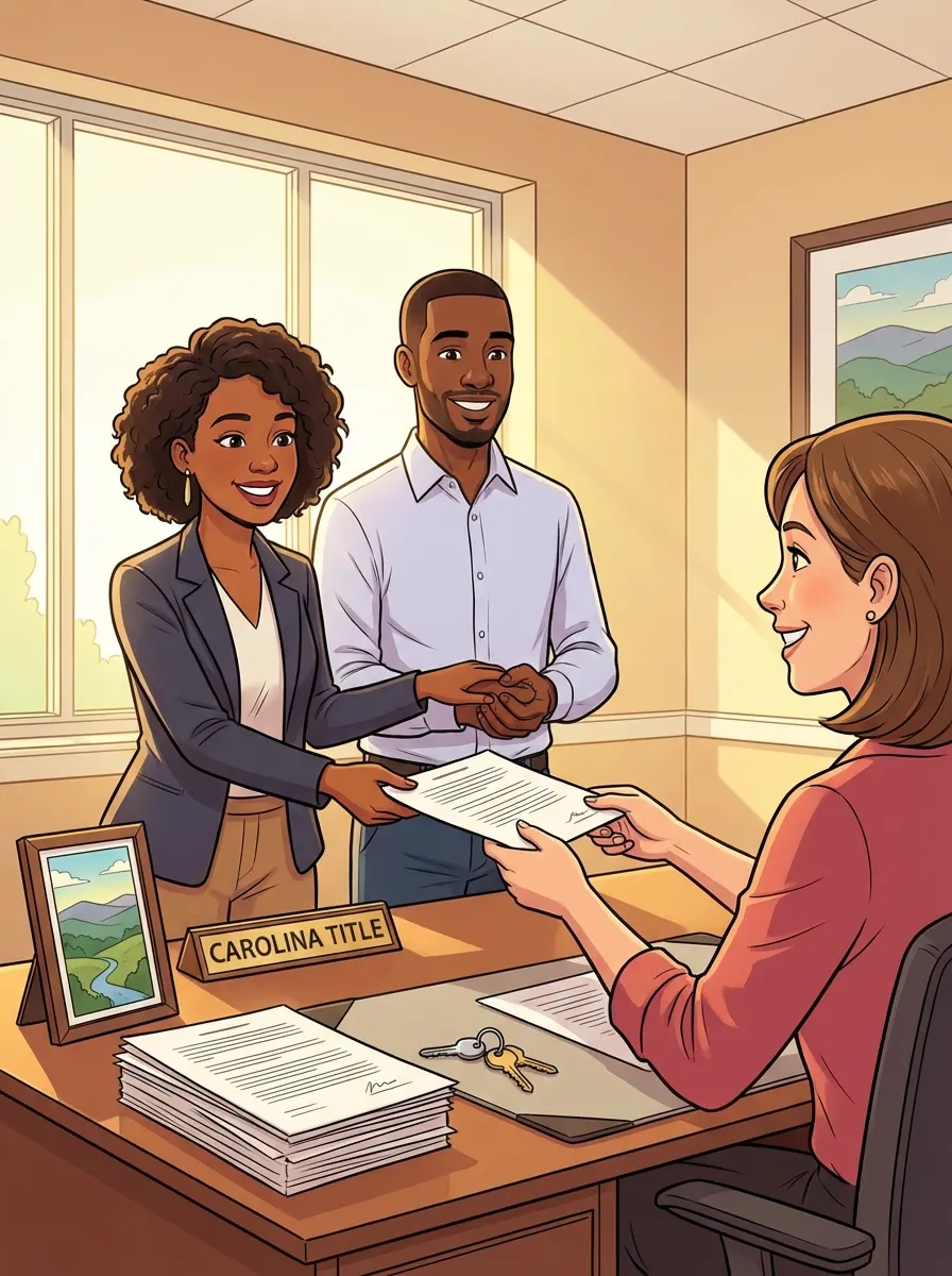 Seller handing signed closing documents across a desk at a North Carolina closing office