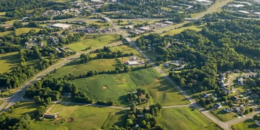 Aerial view of Winston-Salem North Carolina downtown skyline with open green land and suburban sprawl