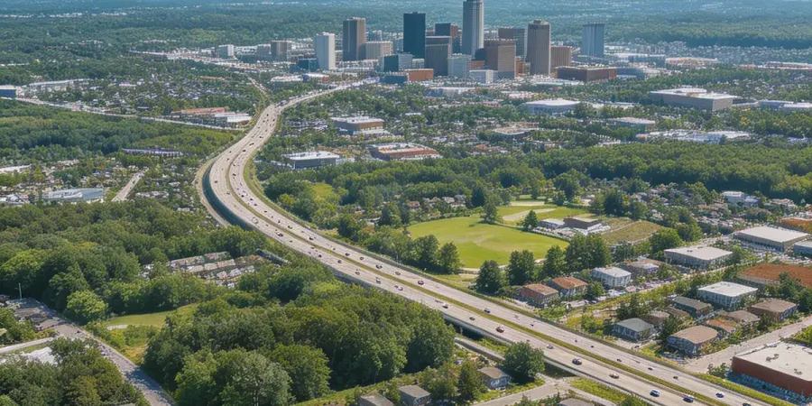 Aerial view of North Carolina city skyline with highway cutting through suburban neighborhoods and green trees