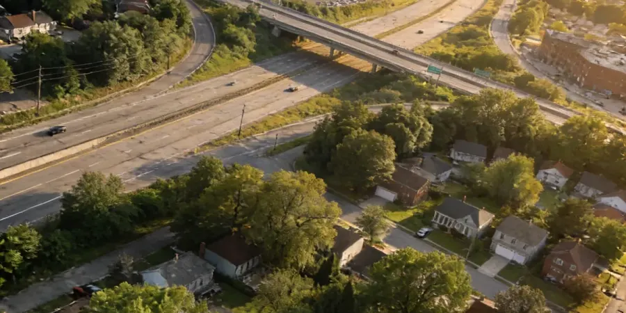 Aerial view of Concord NC neighborhoods showing the split between new Cabarrus County subdivisions and older south-side housing stock