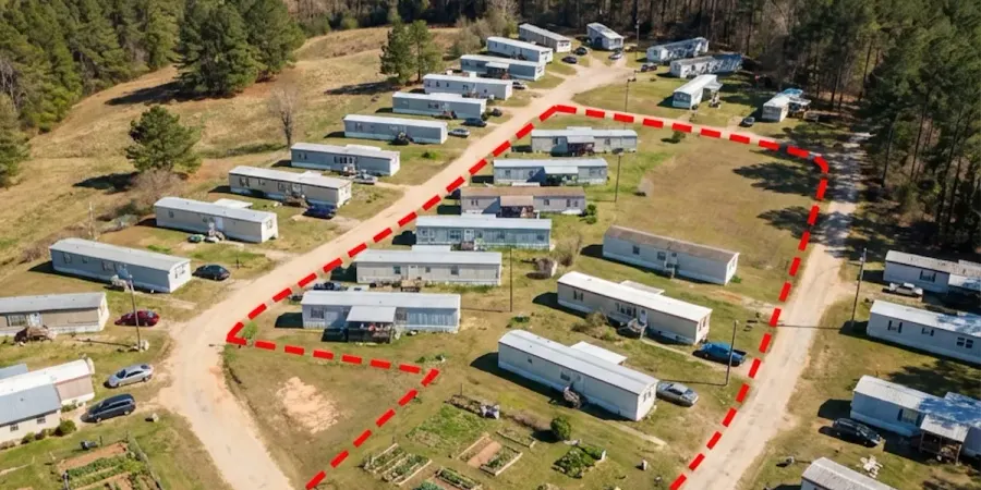 Aerial view of rural mobile home community outlined in red, manufactured homes on dirt roads surrounded by pine forest